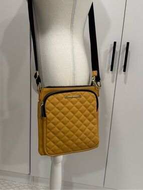 Steve Madden Quilted Crossbody in Goldenrod Mustard Yellow with Black Strap